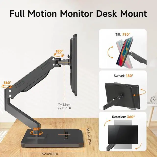Alt view image 2 of 5 - Adjustable Monitor Arm with Gas Spring for 17-32 inch Screens,Freestanding Full Motion Monitor Desk Stand Holds up to 22 lbs.