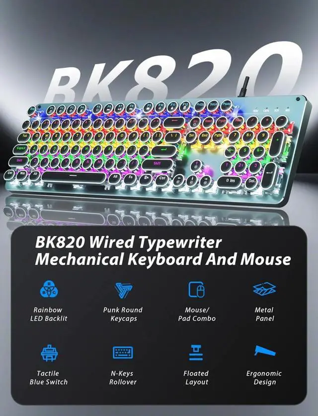 Alt view image 2 of 4 - Rainbow LED Backlit Wired Computer Keyboards Mouse and Pad Combo, Metal Panel Retro Punk Round Keycaps, 104 Keys Anti-Ghost for PC Laptop Gamer