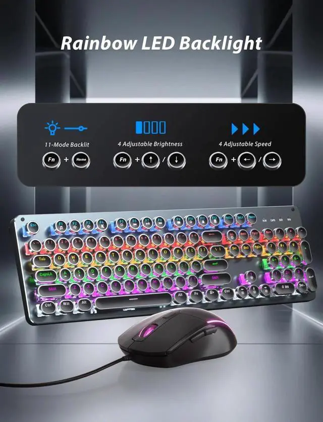 Alt view image 4 of 4 - Rainbow LED Backlit Wired Computer Keyboards Mouse and Pad Combo, Metal Panel Retro Punk Round Keycaps, 104 Keys Anti-Ghost for PC Laptop Gamer