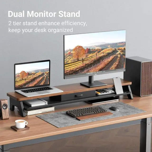 Alt view image 2 of 5 - LED 2-Tier 39.3 Inch Computer Monitor Stand for 2 Monitors,Office Desktop Organizer with Storage Drawer and Phone Holder Walnut