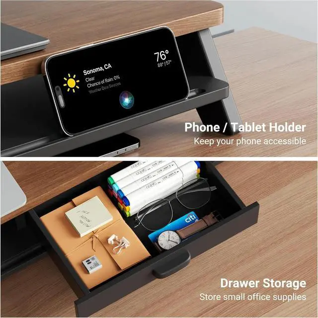 Alt view image 4 of 5 - LED 2-Tier 39.3 Inch Computer Monitor Stand for 2 Monitors,Office Desktop Organizer with Storage Drawer and Phone Holder Walnut