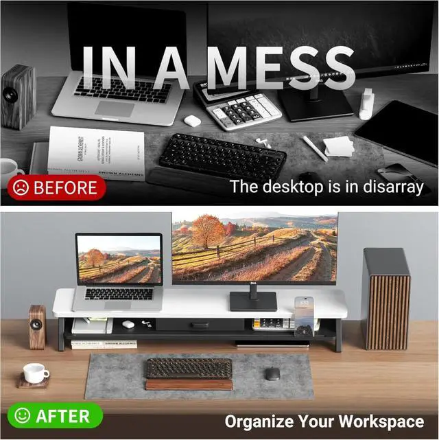 Alt view image 5 of 5 - LED 2-Tier 39.3 Inch Computer Monitor Stand for 2 Monitors,Office Desktop Organizer with Storage Drawer and Phone Holder Walnut
