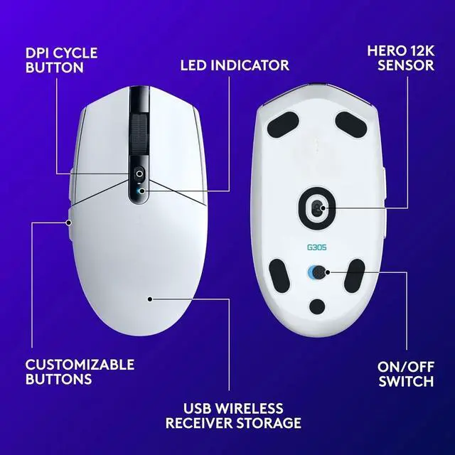 Alt view image 4 of 5 - G305 LIGHTSPEED Wireless Gaming Mouse, Hero 12K Sensor, 12,000 DPI, Lightweight, 6 Programmable Buttons, 250h Battery Life, On-Board Memory, PC/Mac - White