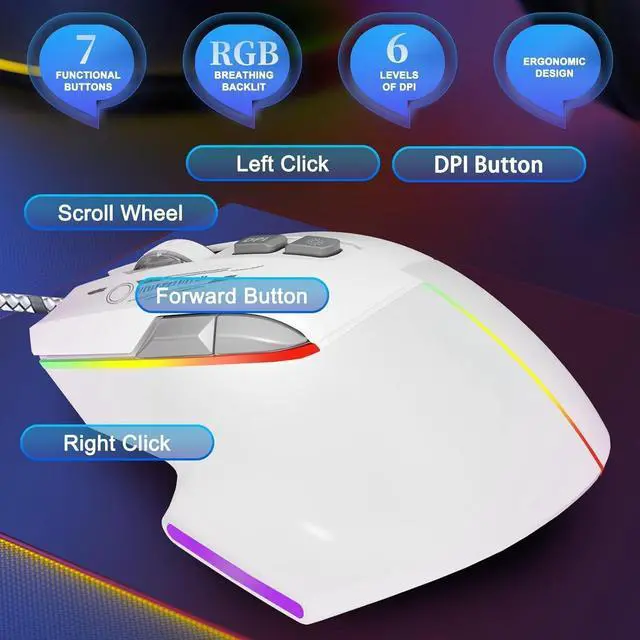 Alt view image 2 of 4 - Gaming Mouse, Wired Gaming Mouse with RGB Backlit, 7200DPI Adjustable, PC Gaming Mice with 7 rogrammable Macro Buttonsg, Ergonomic Mouse Gamer for PC, Desktop, MacLaptop, Chromebook.