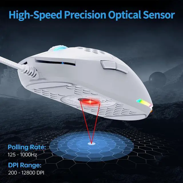 Alt view image 2 of 4 - Falcon M1SE Ultralight Honeycomb Gaming Mouse, High-Precision 12800DPI Optical Sensor, 6 Programmable Buttons, Customizable RGB, Drag-Free Paracord, Ergonomic, Wired - Matte White