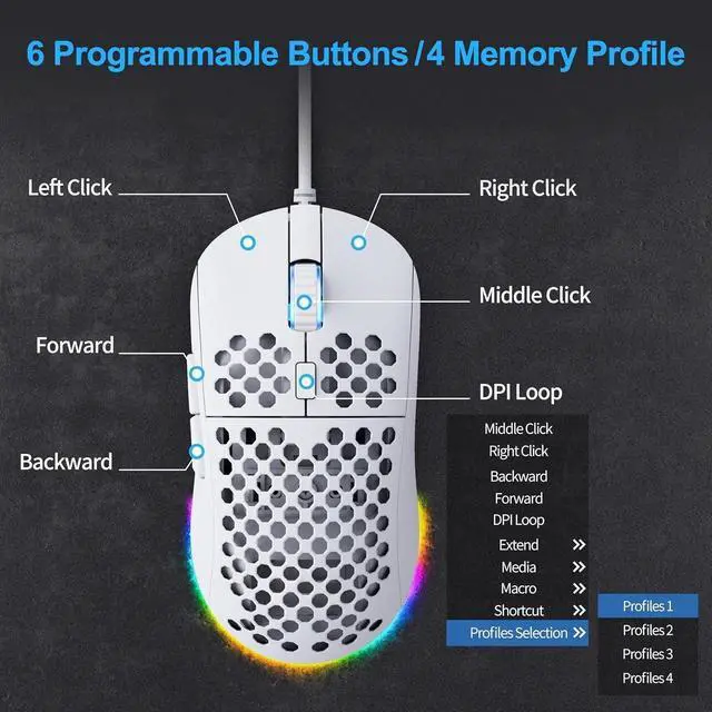 Alt view image 3 of 4 - Falcon M1SE Ultralight Honeycomb Gaming Mouse, High-Precision 12800DPI Optical Sensor, 6 Programmable Buttons, Customizable RGB, Drag-Free Paracord, Ergonomic, Wired - Matte White