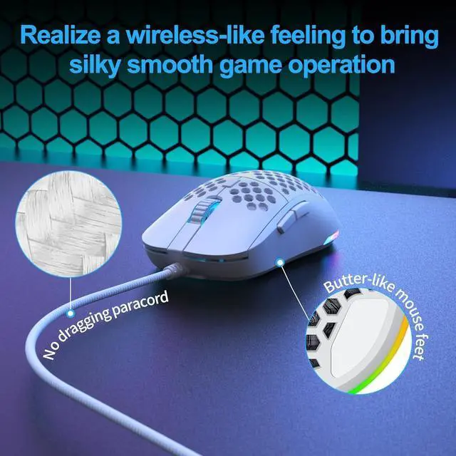 Alt view image 4 of 4 - Falcon M1SE Ultralight Honeycomb Gaming Mouse, High-Precision 12800DPI Optical Sensor, 6 Programmable Buttons, Customizable RGB, Drag-Free Paracord, Ergonomic, Wired - Matte White