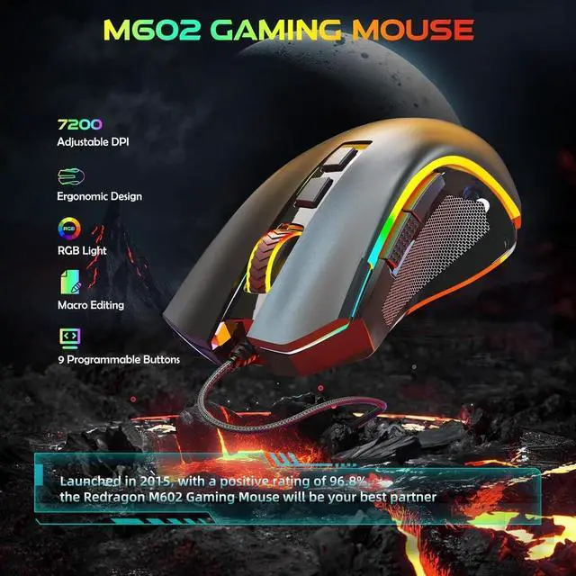 Alt view image 2 of 5 - M602 Gaming Mouse, Ergonomic RGB Gaming Mouse Wired with 7200 Adjustable DPI, 9 Programmable Buttons, Professional Software for Gamer Office [Black]