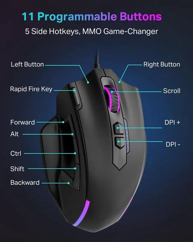Alt view image 3 of 5 - Wired Large Gaming Mouse, Big Gamer Mouse with Rapid Fire Button, 5 Side Buttons, 12400 DPI, 5 Backlit Modes, 11 Programmable Macro Shortcuts, Adjustable Weights, Comfort Grip for Windows