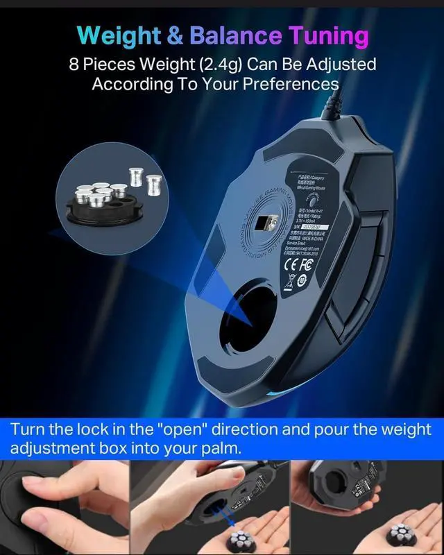 Alt view image 5 of 5 - Wired Large Gaming Mouse, Big Gamer Mouse with Rapid Fire Button, 5 Side Buttons, 12400 DPI, 5 Backlit Modes, 11 Programmable Macro Shortcuts, Adjustable Weights, Comfort Grip for Windows