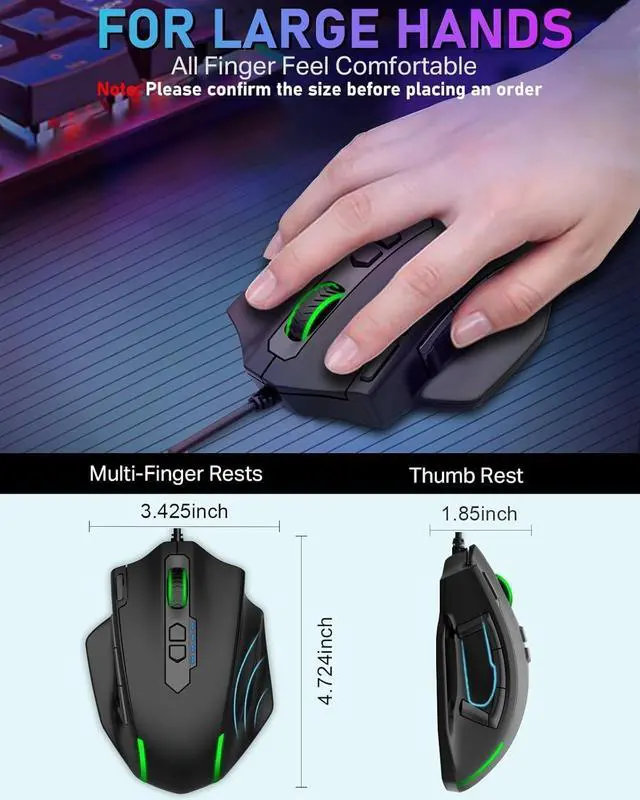 Alt view image 4 of 5 - Wired Large Gaming Mouse, Big Gamer Mouse with Rapid Fire Button, 5 Side Buttons, 12400 DPI, 5 Backlit Modes, 11 Programmable Macro Shortcuts, Adjustable Weights, Comfort Grip for Windows