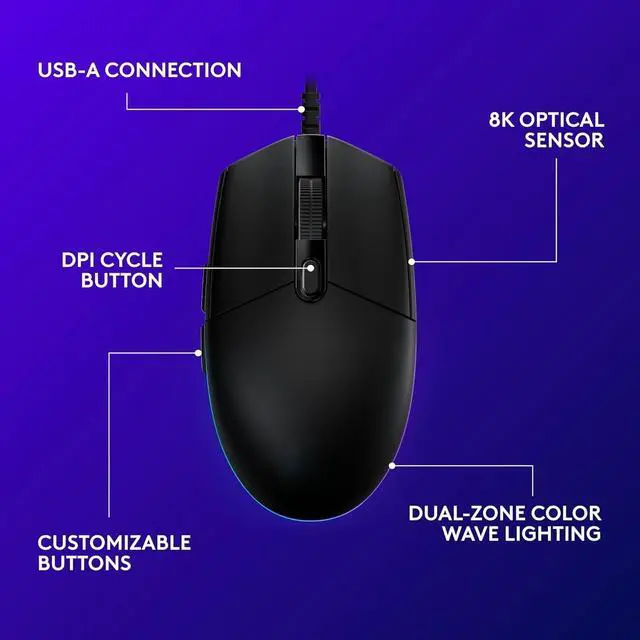 Alt view image 4 of 4 - G203 Wired Gaming Mouse, 8,000 DPI, Rainbow Optical Effect LIGHTSYNC RGB, 6 Programmable Buttons, On-Board Memory, Screen Mapping, PC/Mac Computer and Laptop Compatible - Black