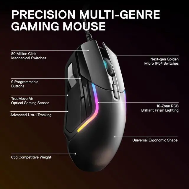 Alt view image 3 of 5 - Rival 5 Gaming Mouse with PrismSync RGB Lighting and 9 Programmable Buttons  FPS, MOBA, MMO, Battle Royale  18,000 CPI TrueMove Air Optical Sensor - Black