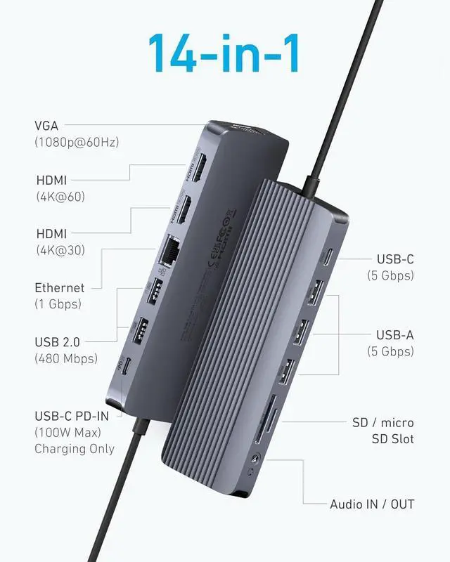 Alt view image 3 of 5 - Laptop Docking Station, 14 in 1 USB C Hub, Triple Display with 2 x 4K HDMI, 1080p VGA, 80W Power Delivery, 5Gbps USB-A/C Data Ports for Dell XPS and More (Charger not Included)