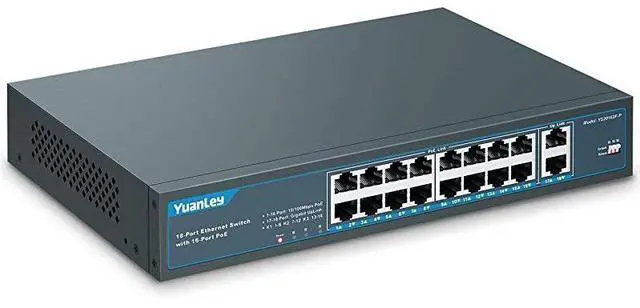 Main image of 18 Port PoE Switch, 16 PoE+ Port 100Mbps, 2 Uplink Gigabit, 250W Built-in Power, 802.3af/at, Rackmount Unmanaged Plug and Play