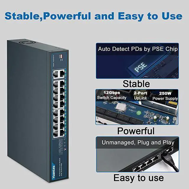 Alt view image 4 of 7 - 18 Port PoE Switch, 16 PoE+ Port 100Mbps, 2 Uplink Gigabit, 250W Built-in Power, 802.3af/at, Rackmount Unmanaged Plug and Play