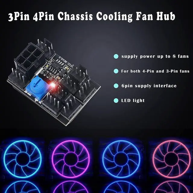 Alt view image 3 of 7 - for3 Pin 4 Pin Fan Adapter PWM PC Chassis Cooling Fan Hub 8 Way Splitter 12V Speed Controller with 6 Pin Power Port