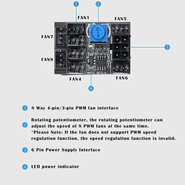 Alt view image 5 of 7 - for3 Pin 4 Pin Fan Adapter PWM PC Chassis Cooling Fan Hub 8 Way Splitter 12V Speed Controller with 6 Pin Power Port