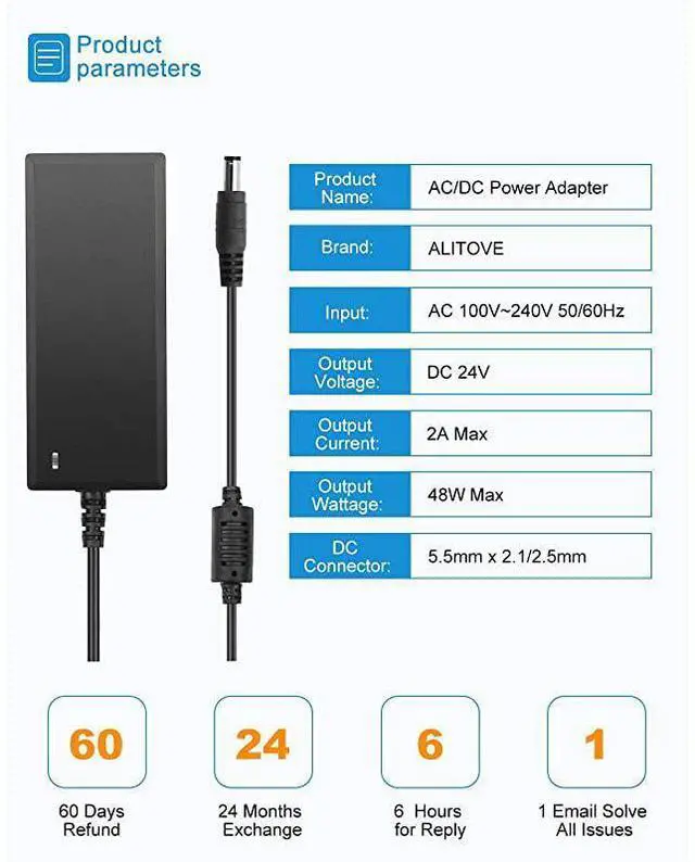 Alt view image 3 of 7 - 24V DC Power Supply 2A 48W ACDC Adapter 100~240V AC to DC 24 Volt 2 Amp Converter 24 vdc 2000mA 18A 15A 13A 12A with 55mmx 25mm 21mm Plug for LED Strip Light CCTV Camera DC Pump Fan