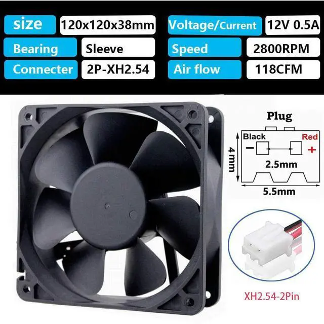 Alt view image 2 of 6 - FOR2Pin 120mm x 38mm 12V DC Brushless Cooling Fan High Airflow Cooler Fan