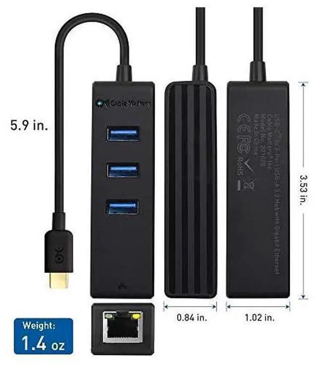 Alt view image 5 of 7 - FOR 3 Port USB C Hub with Ethernet USB C to Ethernet Hub Thunderbolt 3 Port Compatible with MacBook Pro Dell XPS 13 15 HP Spectre x360 Surface Pro Lenovo Yoga 910 and More