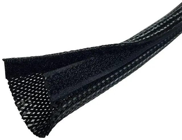 Main image of 3 Side Entry Cable Wrap Braided Sleeving with Hook Loop Fastener 10 Feet Black