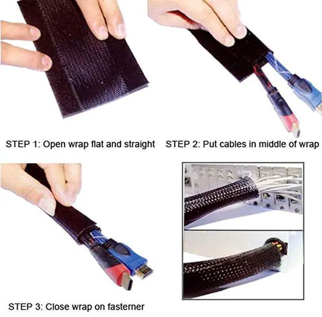 Alt view image 3 of 4 - 3 Side Entry Cable Wrap Braided Sleeving with Hook Loop Fastener 10 Feet Black