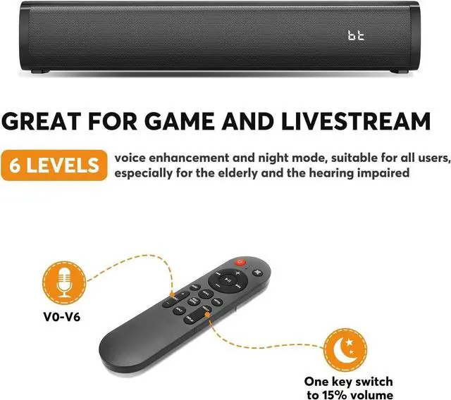 Alt view image 4 of 7 - 2.1ch Small Sound Bars for TV with 6 Levels Voice Enhancement, Built-in Subwoofer, 16 Inches Bluetooth 5.3 Soundbar Speakers with Optical/AUX/USB Connection, S100