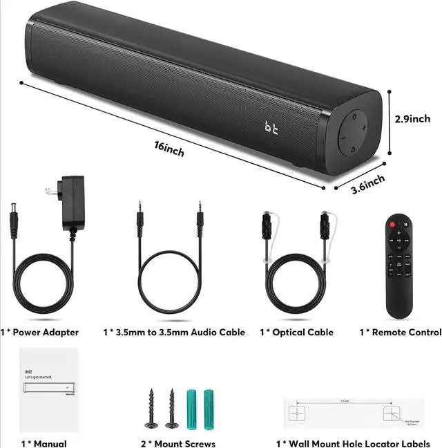 Alt view image 7 of 7 - 2.1ch Small Sound Bars for TV with 6 Levels Voice Enhancement, Built-in Subwoofer, 16 Inches Bluetooth 5.3 Soundbar Speakers with Optical/AUX/USB Connection, S100