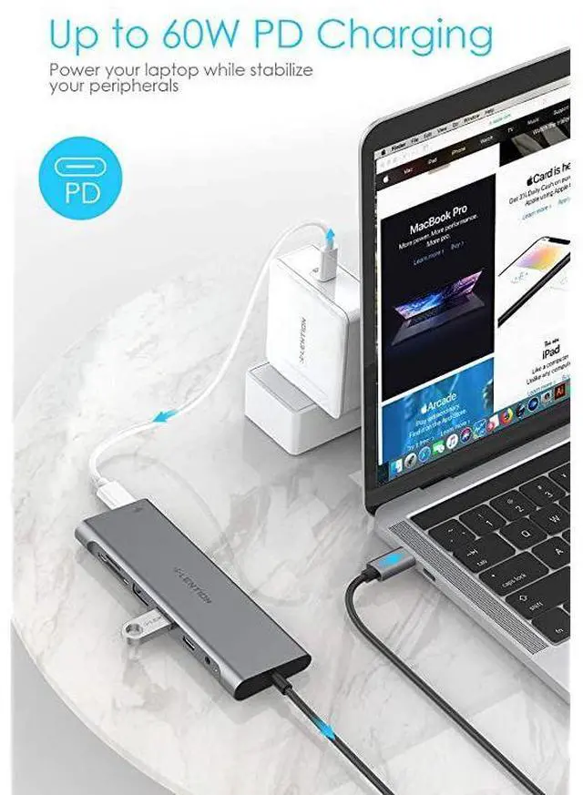 Alt view image 5 of 7 - FOR-33FT Long Cable USB C Hub with 4K HDMI 2 USB 30 Card Reader Aux Type C DataCharging Adapter Compatible 20202016 MacBook Pro New Mac AirSurface ChromeBook More CBC37 Space Gray