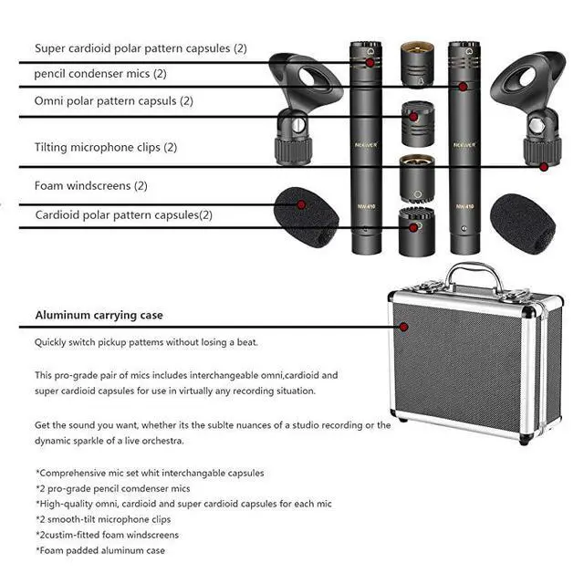 Alt view image 5 of 7 - 2Pack Pencil Stick Condenser Microphone with Interchangeable Omni Cardioid and Super Cardioid Capsules Foam Windscreens Mic Clip and Portable Carrying Case for Acoustic Woodwind Instruments