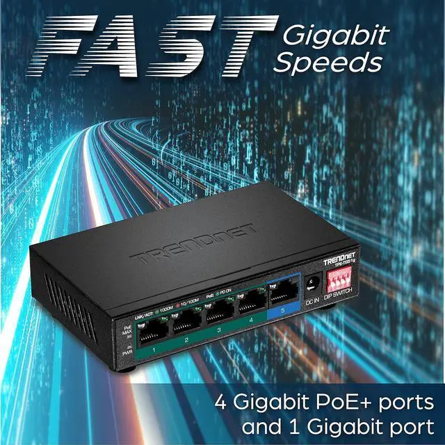 Alt view image 2 of 7 - FOR-5-Port Gigabit PoE+ Switch Camera DIP Switch extends PoE+ 200m (656 ft.) 60W PoE Budget Black TPE-TG51g