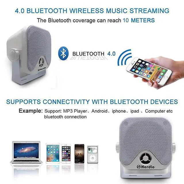 Alt view image 3 of 7 - FOR 4 Inches Marine Box Bluetooth Speakers Compact Waterproof Audio Stereo Sound System with 100 Watt Power for Boat Golf cart Jeep ATV UTV Truck Heavy Duty Powersports Vehicles Courtyard White