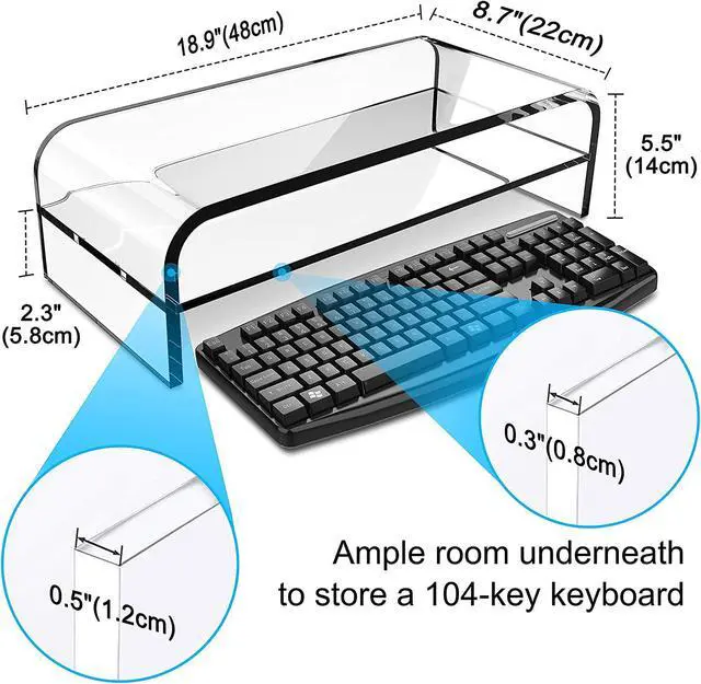 Alt view image 5 of 7 - 2-Tier Acrylic Monitor Stand Computer Riser for Home Office Clear Monitor Riser for Keyboard Storage 18.9 x 8.7 Multi Monitor Desk Stand for iMac Multi-Media Laptop Printer TV