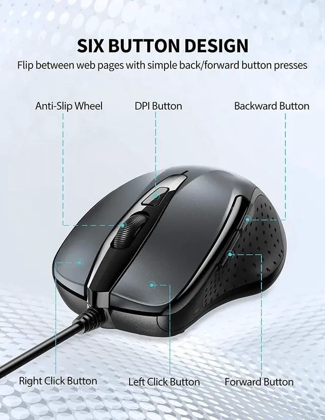 Alt view image 3 of 7 - for6-Button USB Wired Mouse with Side Buttons Optical Computer Mouse with 1000/2000DPI Ergonomic Design 5ft Cord Support Laptop Chromebook PC Desktop Mac Notebook-Grey