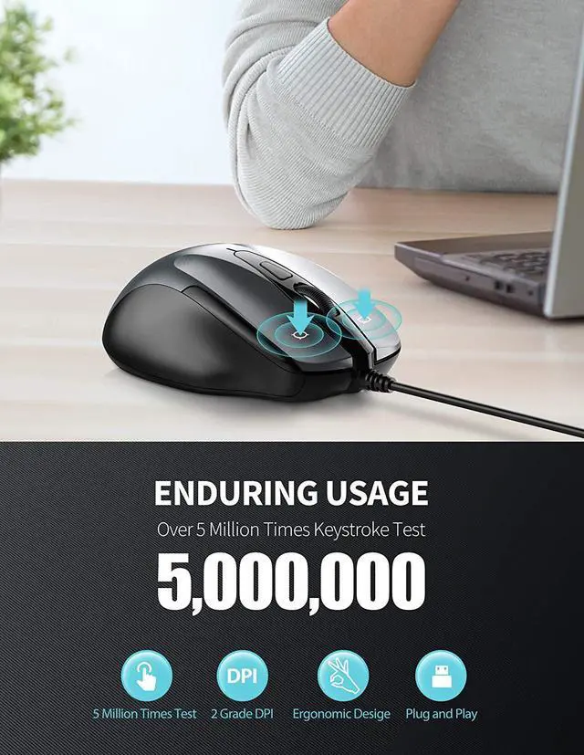 Alt view image 5 of 7 - for6-Button USB Wired Mouse with Side Buttons Optical Computer Mouse with 1000/2000DPI Ergonomic Design 5ft Cord Support Laptop Chromebook PC Desktop Mac Notebook-Grey