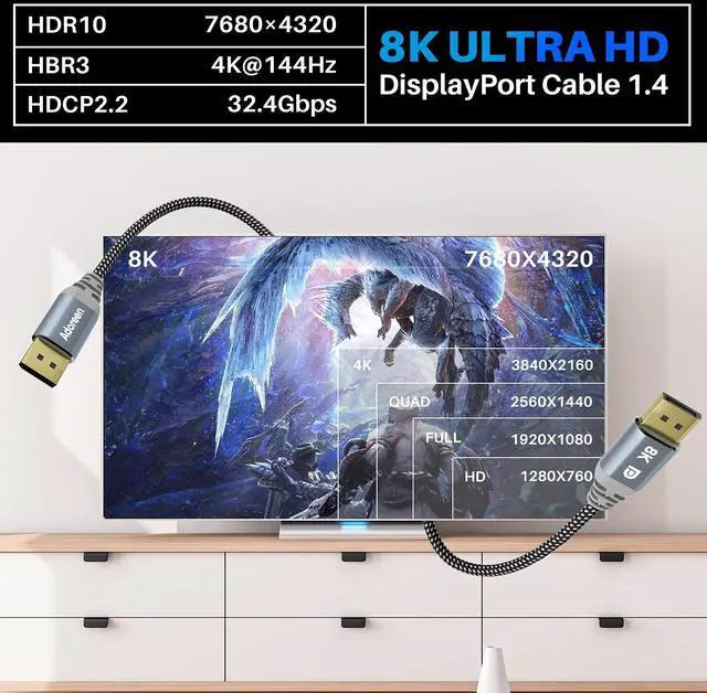 Alt view image 3 of 7 - 8K DisplayPort 1.4 Cable 25 Feet DP Cord From 1.5-30FT (8K@60Hz 4K@144Hz 1080P@240Hz 2K 32.4Gbps) HBR3 HDCP HDR FreeSync G-Sync Braided Display Port for Monitor 3090 Graphics + 5 Ties-NOT HDMI