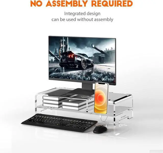 Alt view image 2 of 5 - Acrylic Monitor Stand Riser Wide 20 2 Tier Computer Stand with Storage Desk Organizer Desktop Printer Stand Laptop Storage Shelf Screen Holder with Phone Holder(Clear)