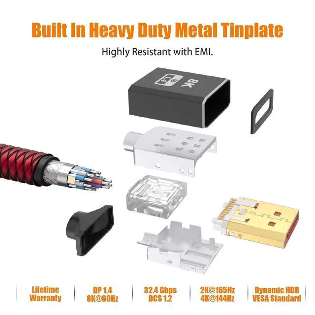 Alt view image 4 of 7 - 8k DisplayPort 1.4 Cable 25ft 2Pack DP 1.4 Cable Nylon Braided Supports (8K@60Hz 4K@144Hz and 1080P@240Hz) HBR3 32.4Gbps HDCP 2.2 HDR DSC 1.2 for Laptop PC TV Gaming Monitor