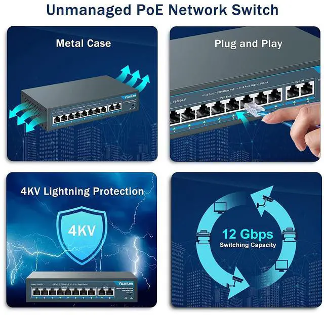 Alt view image 6 of 7 - 8 Port PoE Switch with 2 Gigabit Uplink 8 PoE+ Port 100Mbps 120W 802.3af/at Extend Function Metal Fanless Unmanaged Plug and Play Network Switch