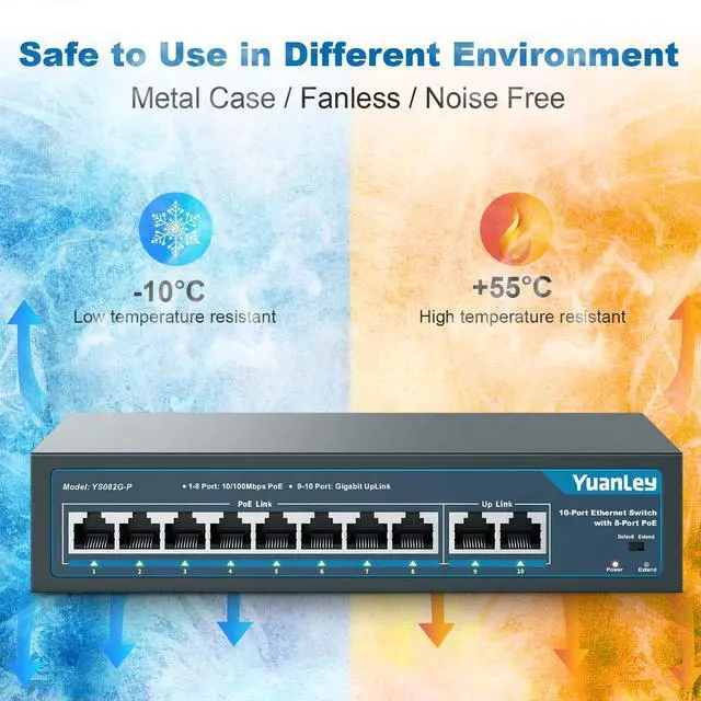 Alt view image 7 of 7 - 8 Port PoE Switch with 2 Gigabit Uplink 8 PoE+ Port 100Mbps 120W 802.3af/at Extend Function Metal Fanless Unmanaged Plug and Play Network Switch