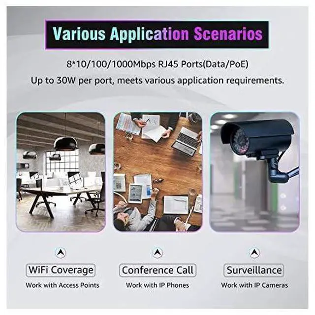 Alt view image 3 of 7 - for8 Port Gigabit POE Switch 8 Port POE 120W Gigabit Ethernet Unmanaged Network Switch Plug and Play Sturdy Metal Housing Traffic Optimization SG308P