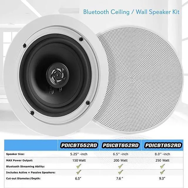 Alt view image 5 of 7 - FOR Pair Bluetooth Flush Mount Inwall Inceiling 2Way Speaker System Quick Connections Changeable RoundSquare Grill Polyprone Cone Polymer Tweeter Stereo Sound 150 Watt PDICBT552RD