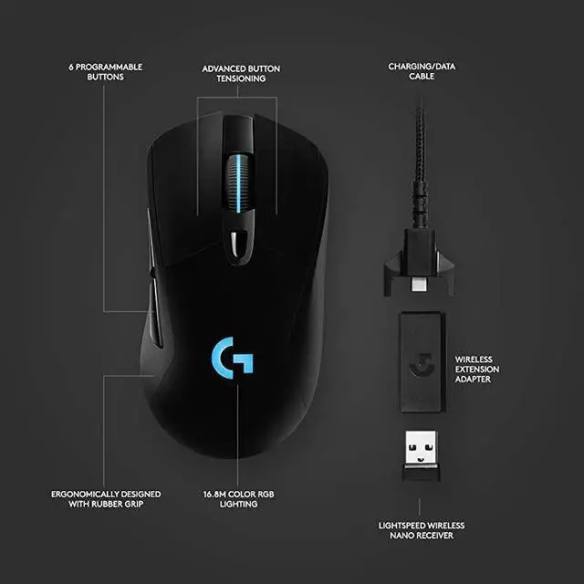 Alt view image 2 of 7 - FOR Lightspeed Wireless Gaming Mouse WHero 25K Sensor PowerPlay Compatible Lightsync RGB Lightweight 95G+10G Optional 10025 600 DPI Rubber Side Grips Black