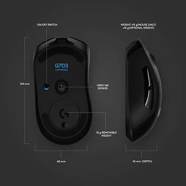 Alt view image 3 of 7 - FOR Lightspeed Wireless Gaming Mouse WHero 25K Sensor PowerPlay Compatible Lightsync RGB Lightweight 95G+10G Optional 10025 600 DPI Rubber Side Grips Black