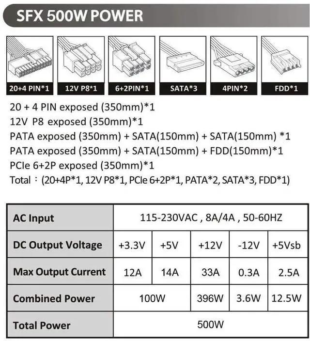 Alt view image 5 of 6 - SFX-AP500W Mini ITX Solution/Micro ATX/SFX 500W Power Supply