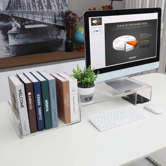 Alt view image 4 of 7 - Acrylic Monitor Stand Riser Dual Monitor Stand with Adjustable Length and Angle 3 Shelf Monitor Stand Riser with Anti-Slip Mat for Laptop Computer PC Printer TV Screen