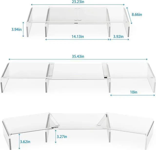 Alt view image 7 of 7 - Acrylic Monitor Stand Riser Dual Monitor Stand with Adjustable Length and Angle 3 Shelf Monitor Stand Riser with Anti-Slip Mat for Laptop Computer PC Printer TV Screen