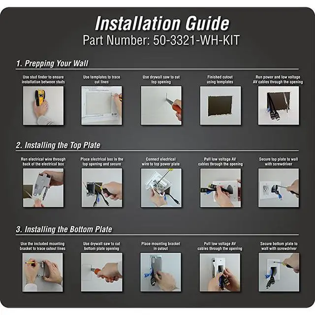 Alt view image 4 of 7 - Electronics 50-3321-WH-KIT Flat Panel TV Cable Organizer Remodeling Kit with Power Outlet - White