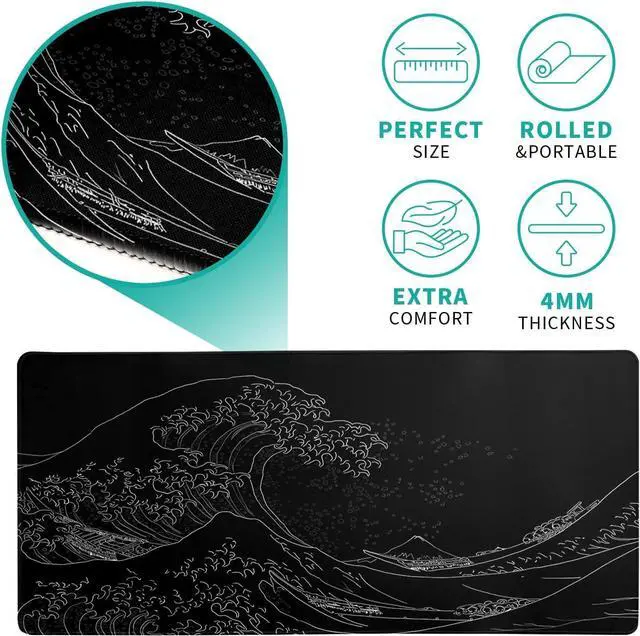 Alt view image 6 of 7 - Japanese Sea Wave Large Mouse Pad Anime Black Gaming Mouse Pad Extended Kanagawa Mouse Mat Desk Pad 3mm Thick Long Non-Slip Rubber Base Mice Pad 31.5 X 11.8 Inch